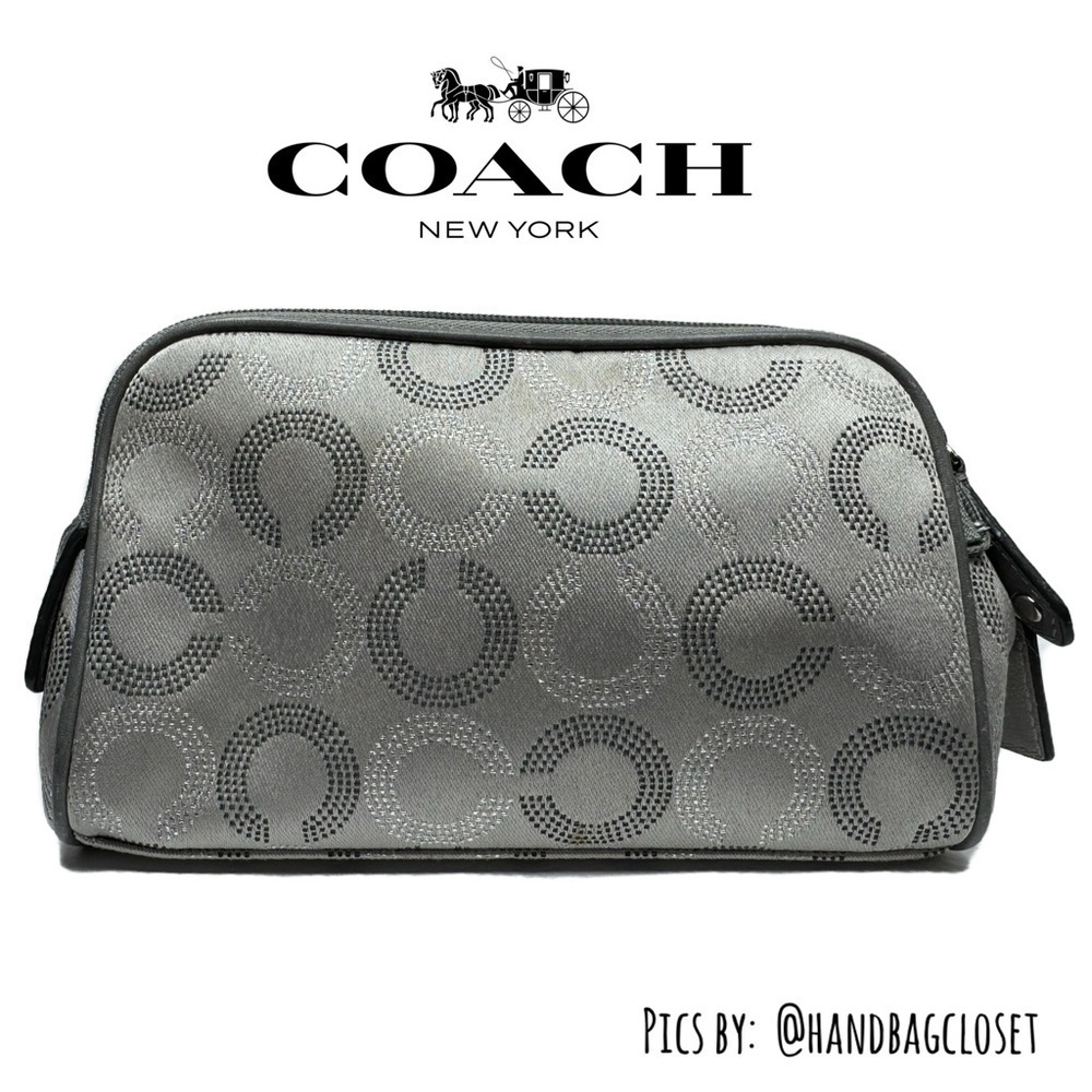 Coach Gray Silver Optic C Vintage Y2K Satin & Leather Carriage Cosmetic Zip Bag - Picture 3 of 12